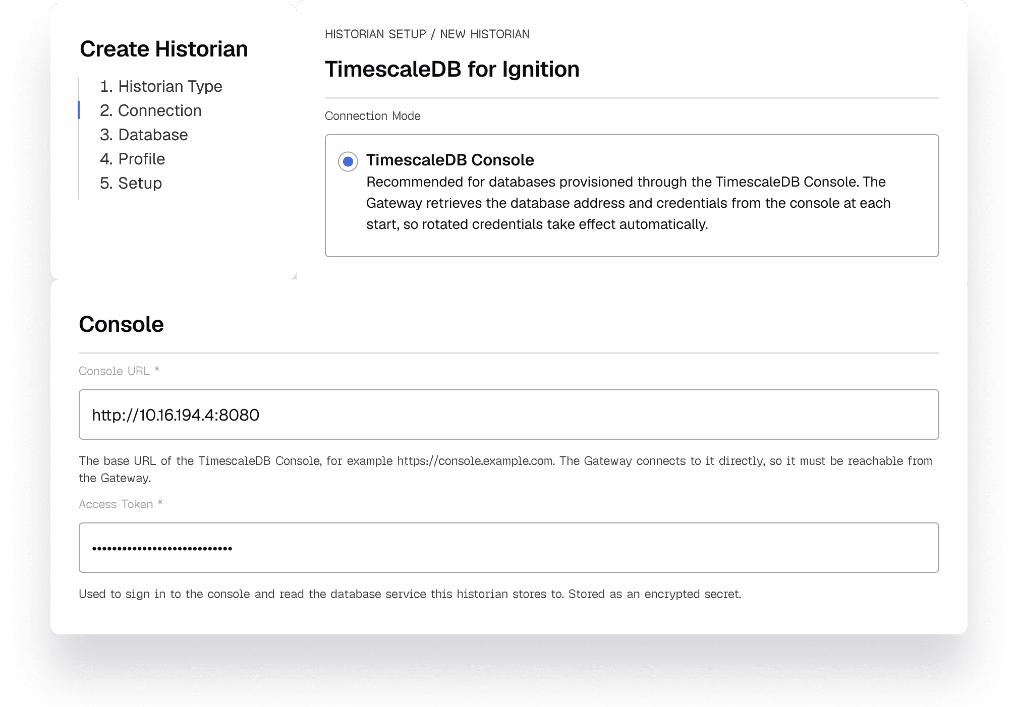 Ignition historian setup wizard connecting to a TimescaleDB Console database