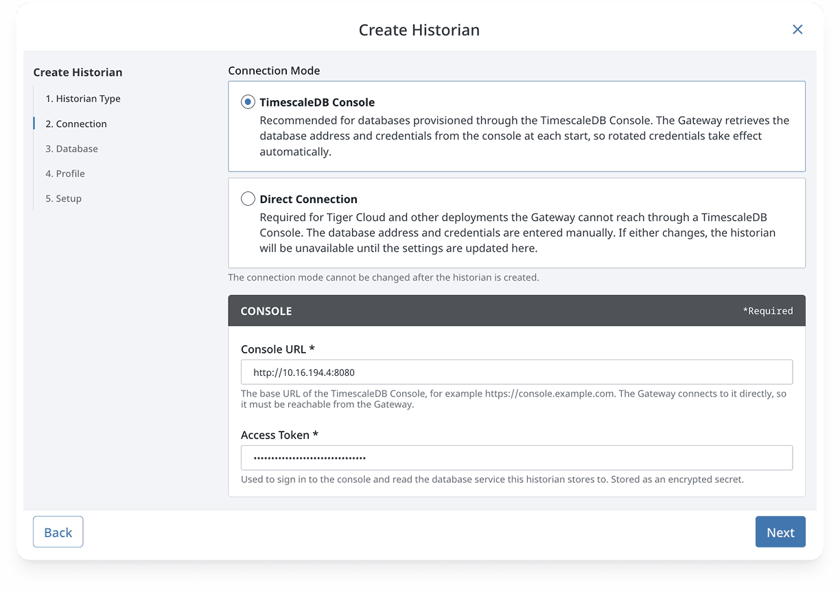 Ignition historian setup wizard connecting to a TimescaleDB Enterprise service overview dashboard