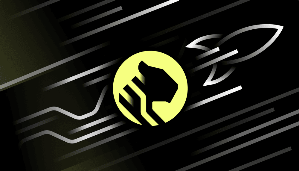 The Timescale logo with a rocket in the background: Making Postgres Faster