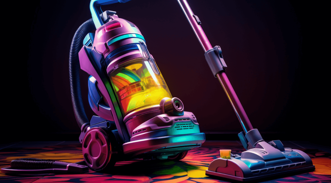 A colorful vacuum cleaner over a black background to vacuum your PostgreSQL database and reduce its size