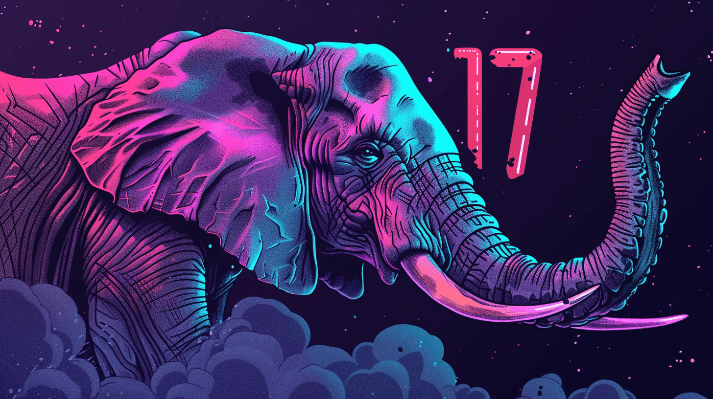 An elephant on a starry sky background with the number 17 next to it—what we're excited about PostgreSQL 17