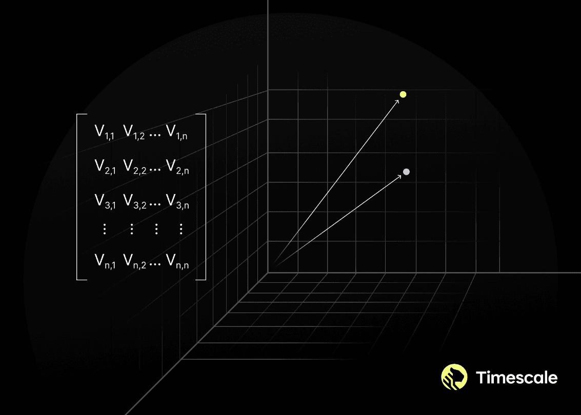 An illustration of vectors over a black background with a: HNSW enables approximate nearest-neighbor searches for vector data