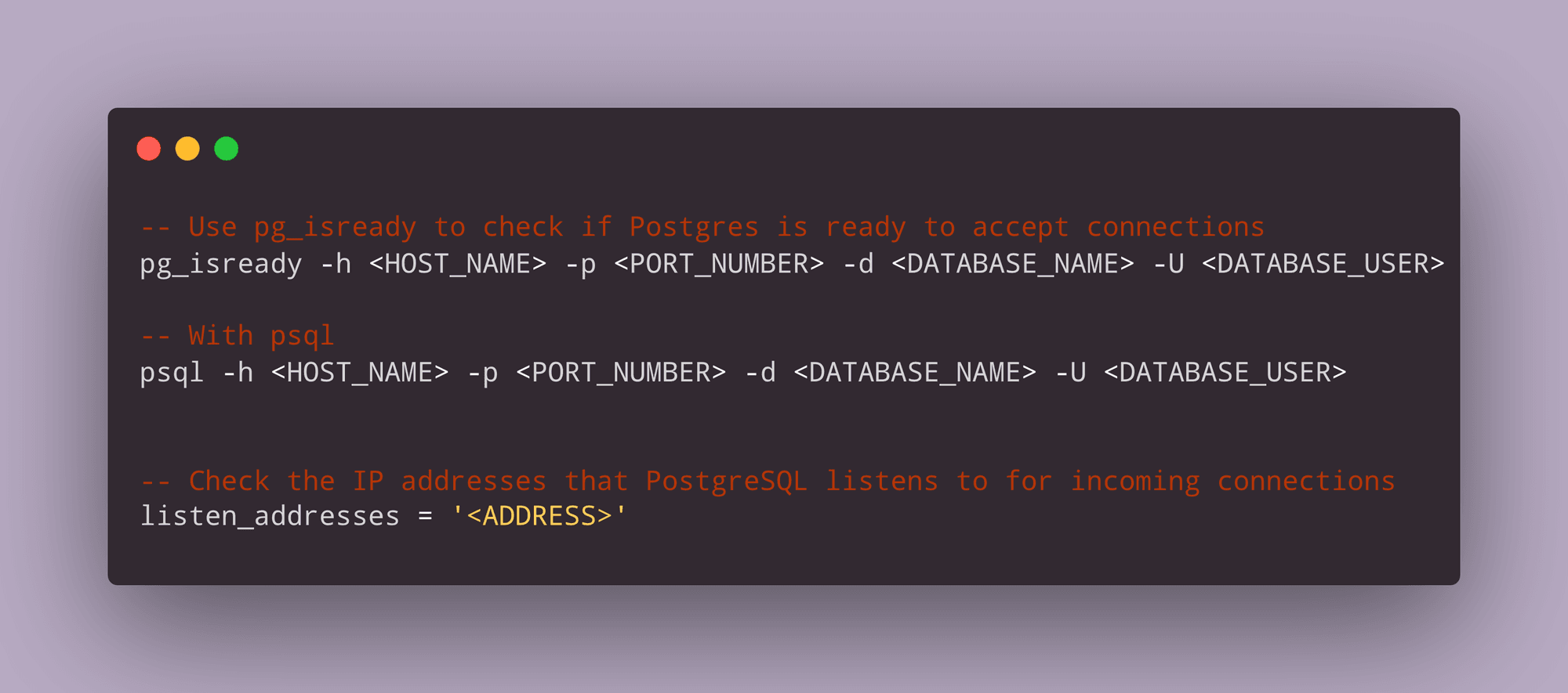 Code snippets of three of the ways you can test your PostgreSQL connection