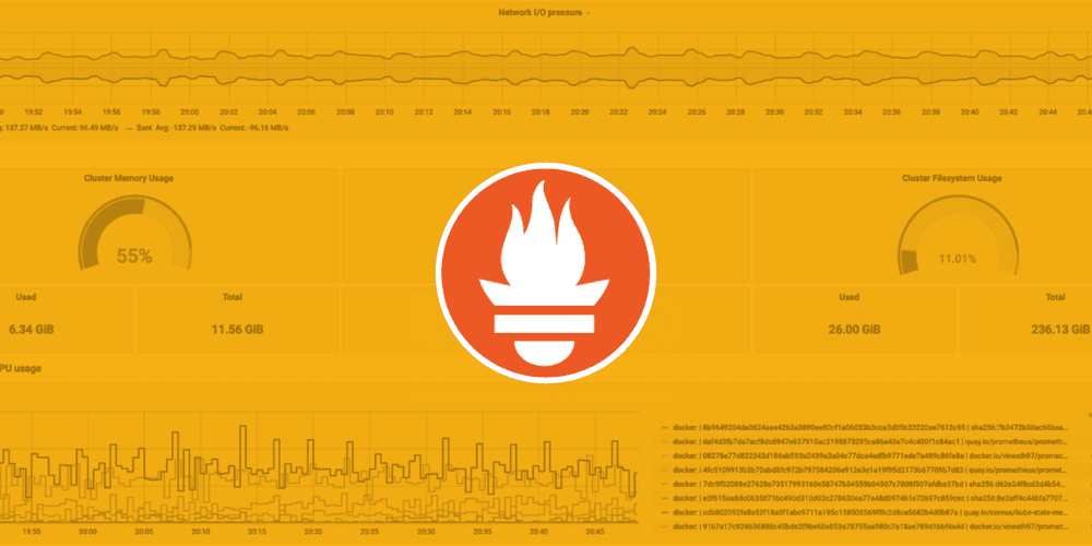 The Prometheus logo over a yellow background with several metrics and graphs