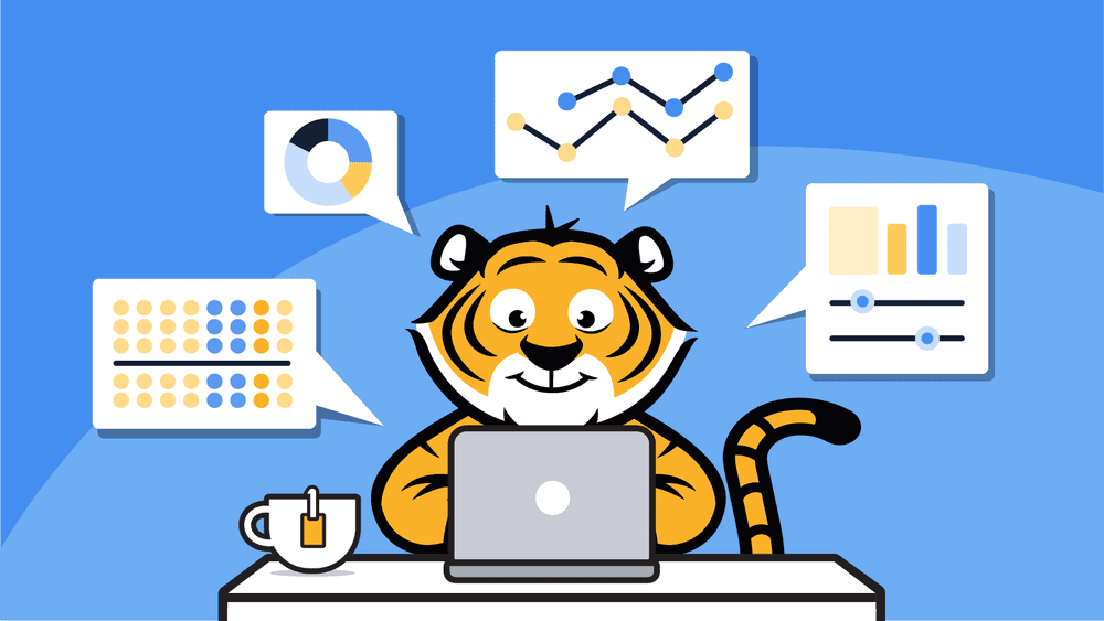 Timescale's mascot tiger, Eon, working on a laptop over a light blue background