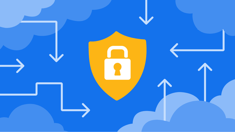 A lock within a yellow shield (representing VPC peering) with multiple arrows around it over a blue cloud background