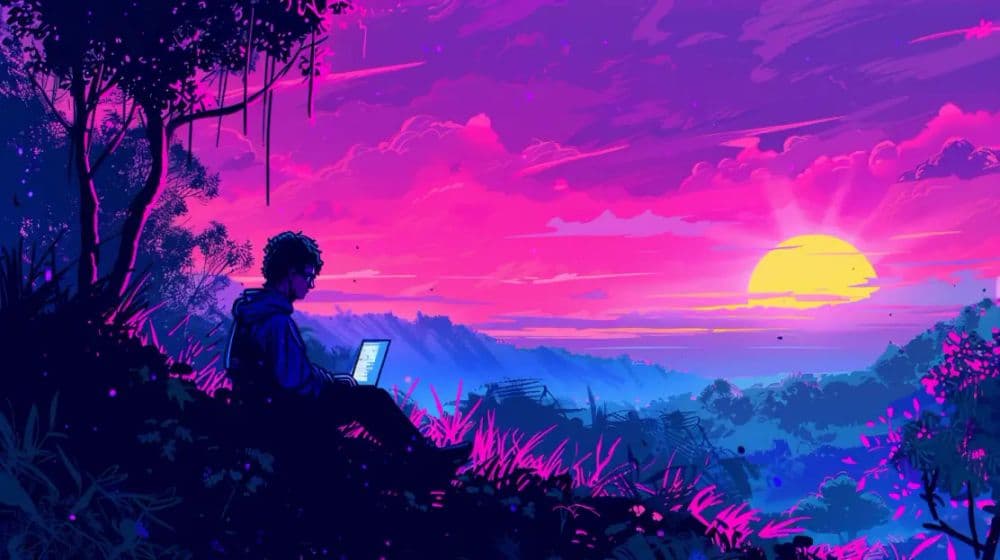 A developer working in a countryside landscape. A countryside reflection on infrastructure choices.