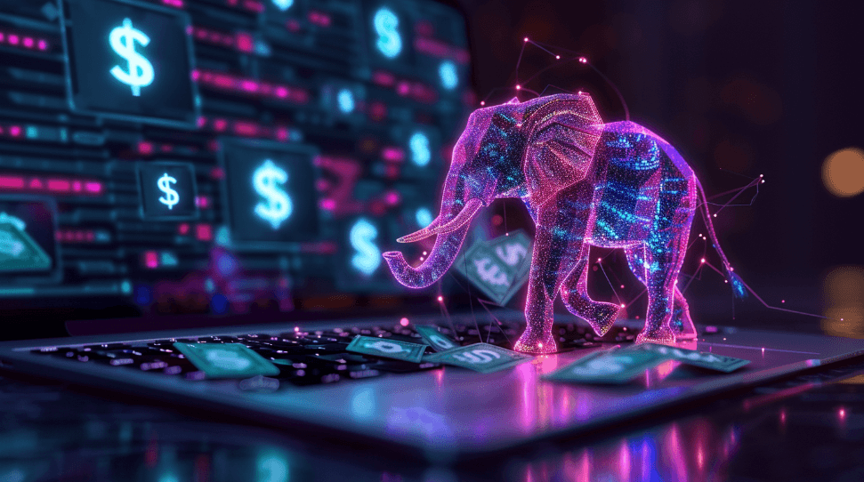 A PostgreSQL neon elephant on a laptop looking at a financial application on the screen
