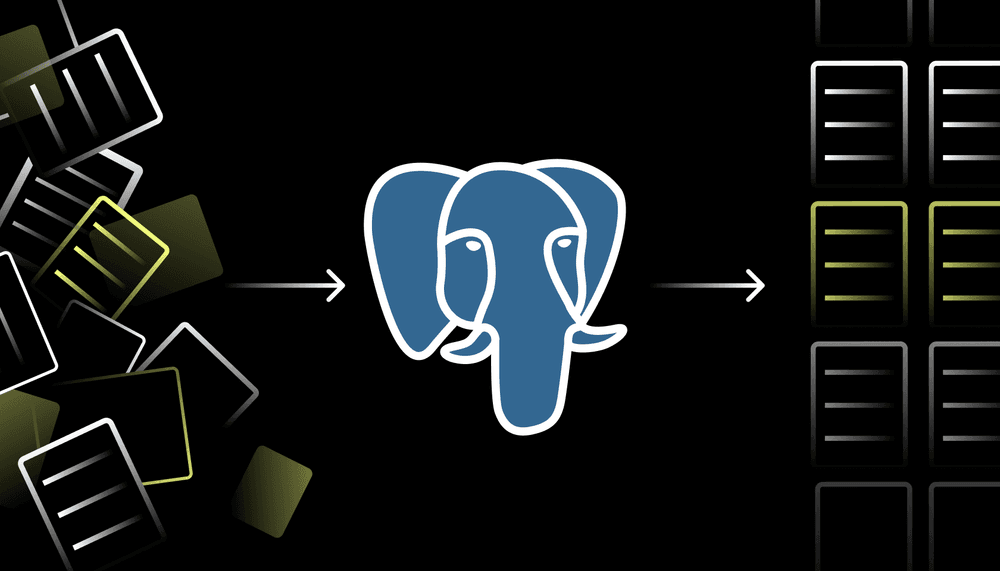 A pile of papers on the left, the Postgres logo in the center, and a neat pile of papers (data classification) on the right.