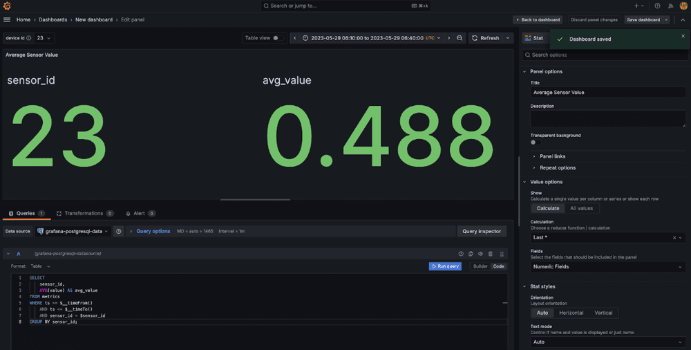 A Grafana dashboard that retrieves the value range for a specific IoT sensor: build an IoT pipeline for real-time analytics