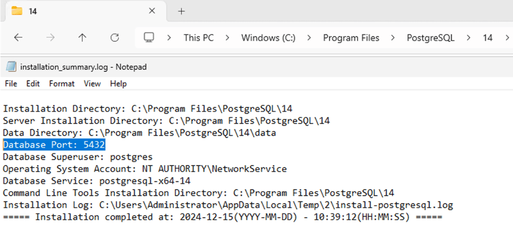 A Windows directory where you can find the port where a Postgres database is running on