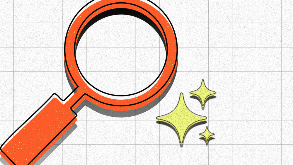 Orange magnifying glass on a graph-paper background beside three yellow sparkle shapes, illustrating smarter search.