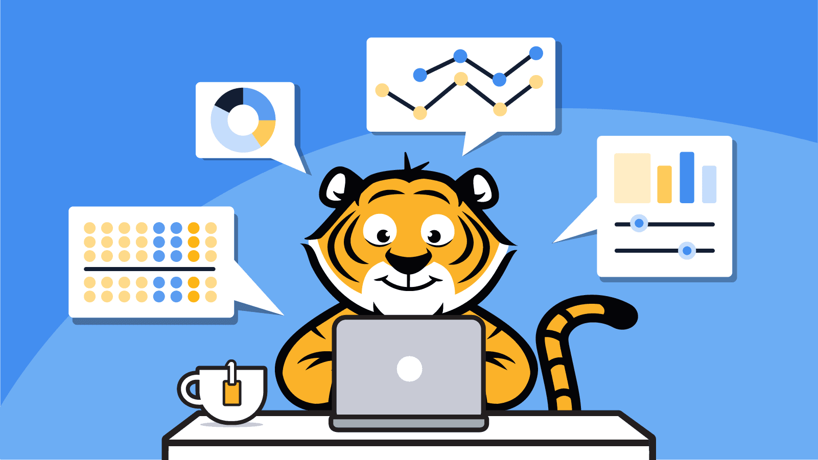 Timescale's mascot tiger, Eon, working on a laptop over a light blue background