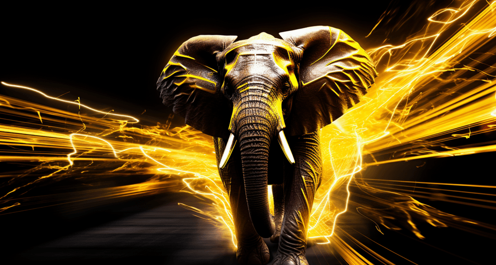 A powerful PostgreSQL elephant, representing performance, with electric yellow rays in the background