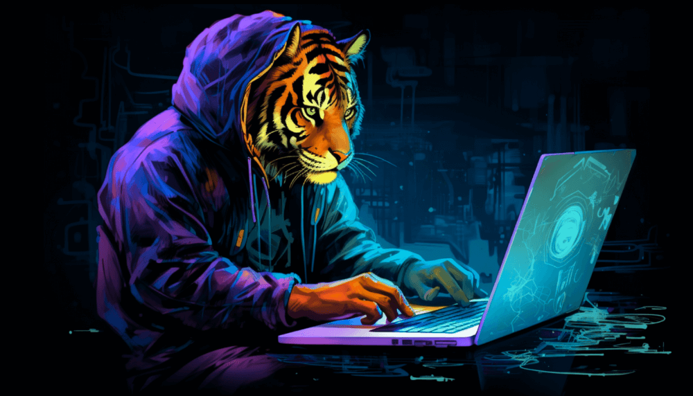 A humanized tiger (representing Timescale's logo) working on his laptop: How We Scaled PostgreSQL to 350 TB+