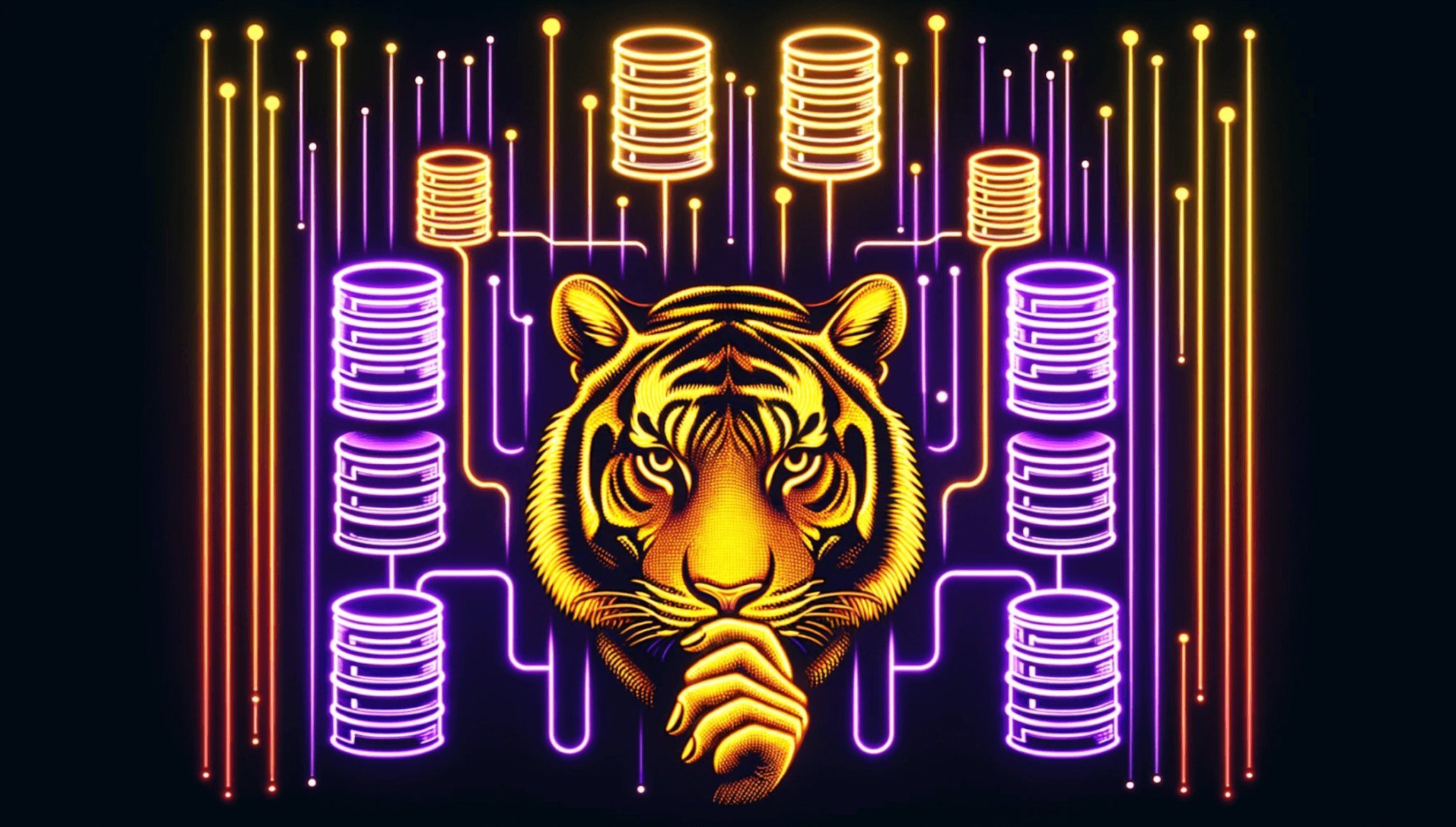 An inquisitive tiger with neon databases in the background. Learn how to connect to Postgres with psql and .pg_service.conf