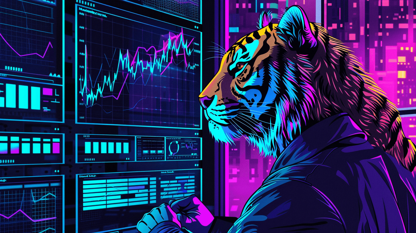 A human developer with a tiger head looking at time series analysis graphs on his computer screen.