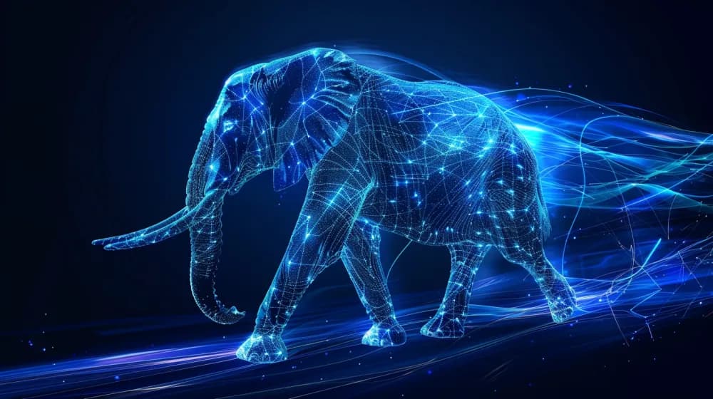 A fast elephant leaving a trail behind over a black background—How we made real-time data aggregation faster in Postgres.