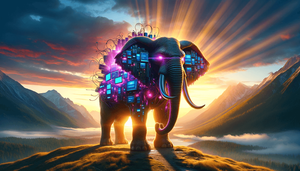 A futuristic tech elephant (representing Postgres) covered with computer screens and with mountains in the background