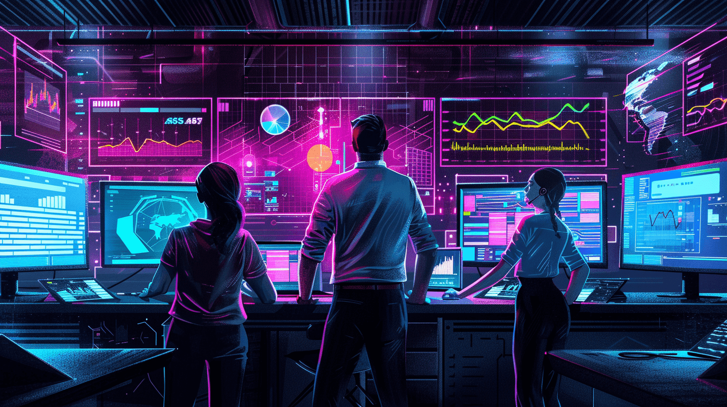 Three developers looking at several data visualizations powered by a time-series database