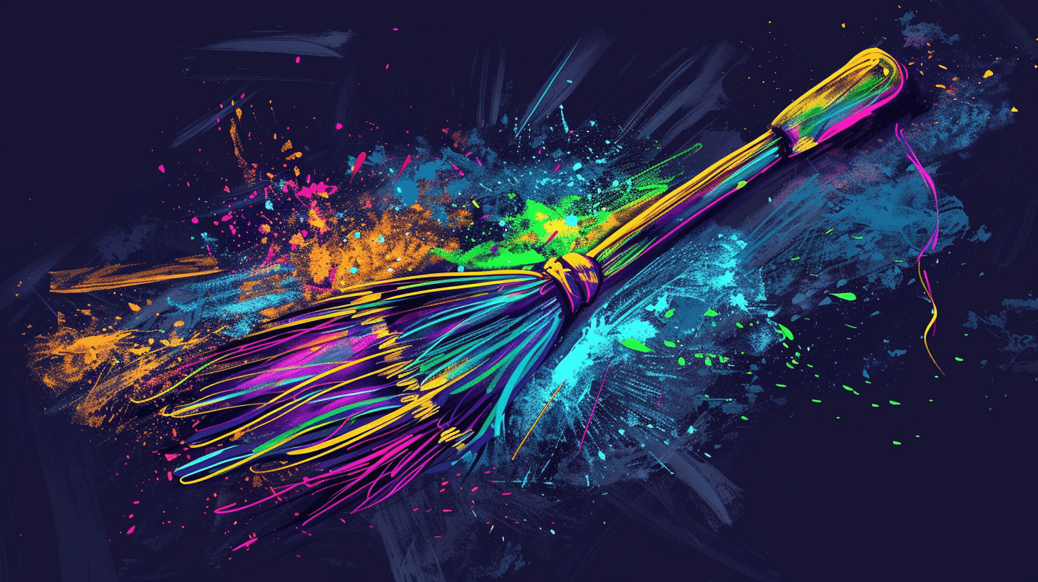 A neon-colored broom over a paint-splashed background, representing data cleaning