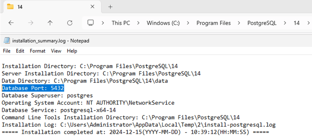 A Windows directory where you can find the port where a Postgres database is running on