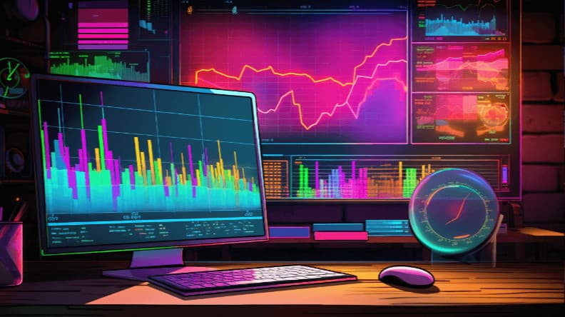 A computer screen showing data analysis graphs in neon colors.