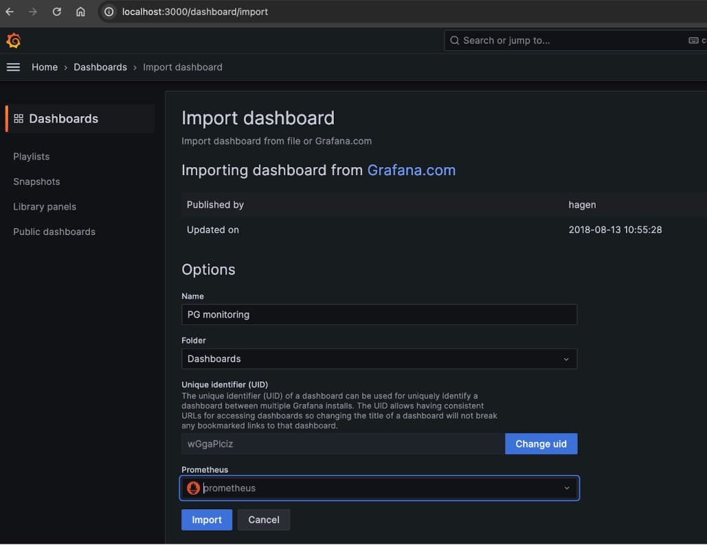 Importing dashboard from grafana