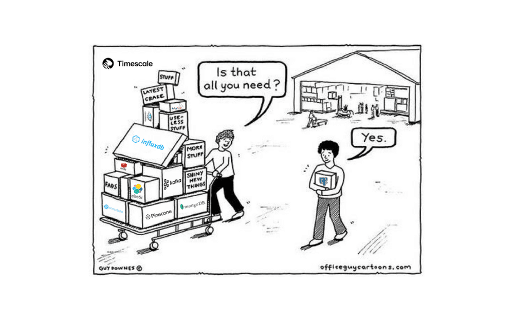 One with a shopping cart full of DBs asks another man "Is that all you need?" With Postgres in hand, he replies, "Yes."